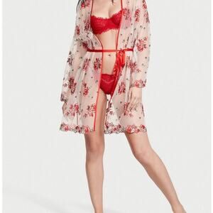Victoria’s Secret sheer white red roses lace robe NWT Med Large